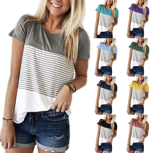 Striped Panel Crew Neck Short Sleeve Casual T-Shirt