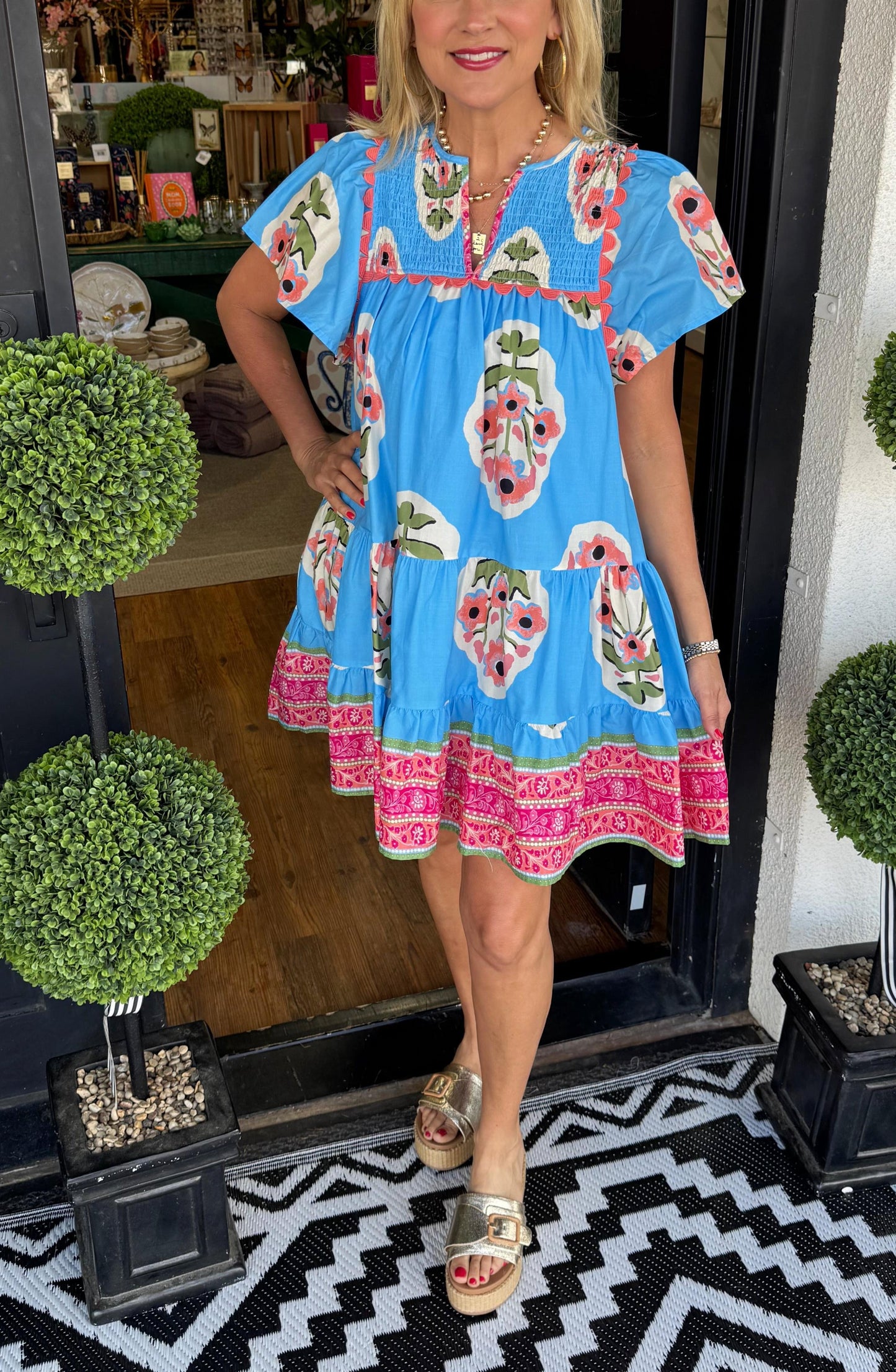 Women's V-neck Puff Sleeve Printed Short Dress