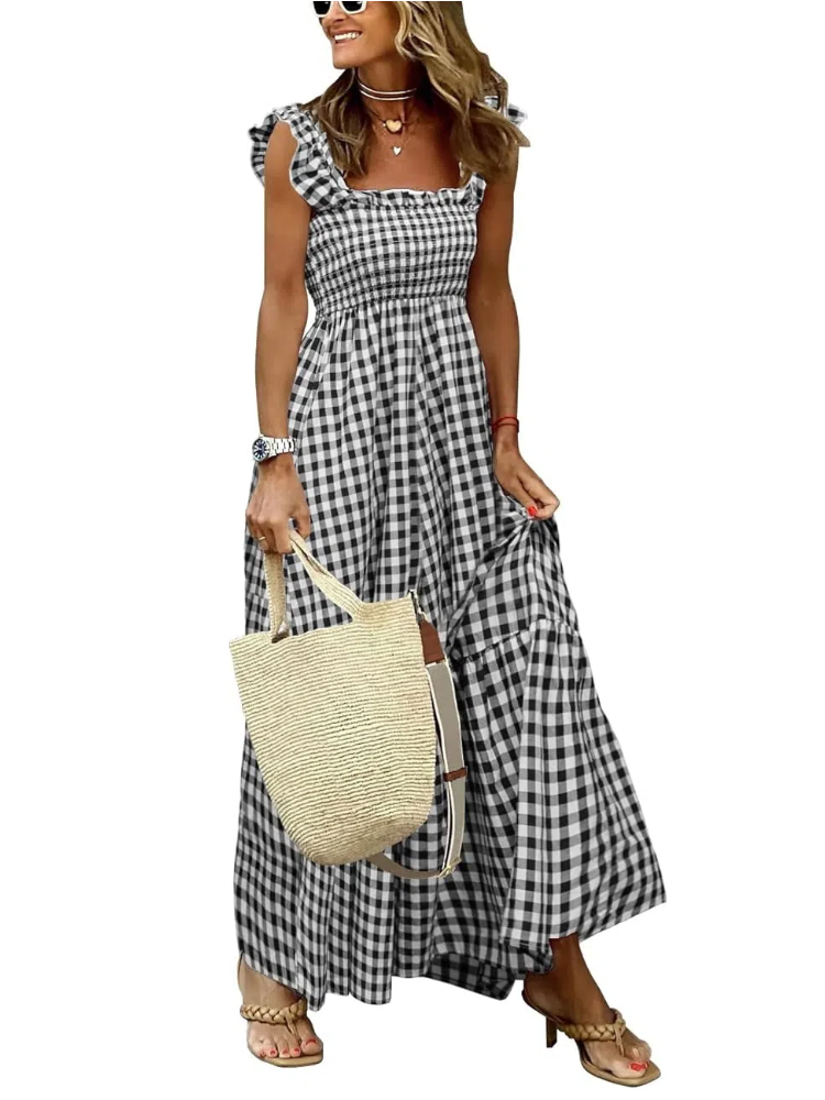 Women's Retro Plaid Smocked Flounce Long Dress