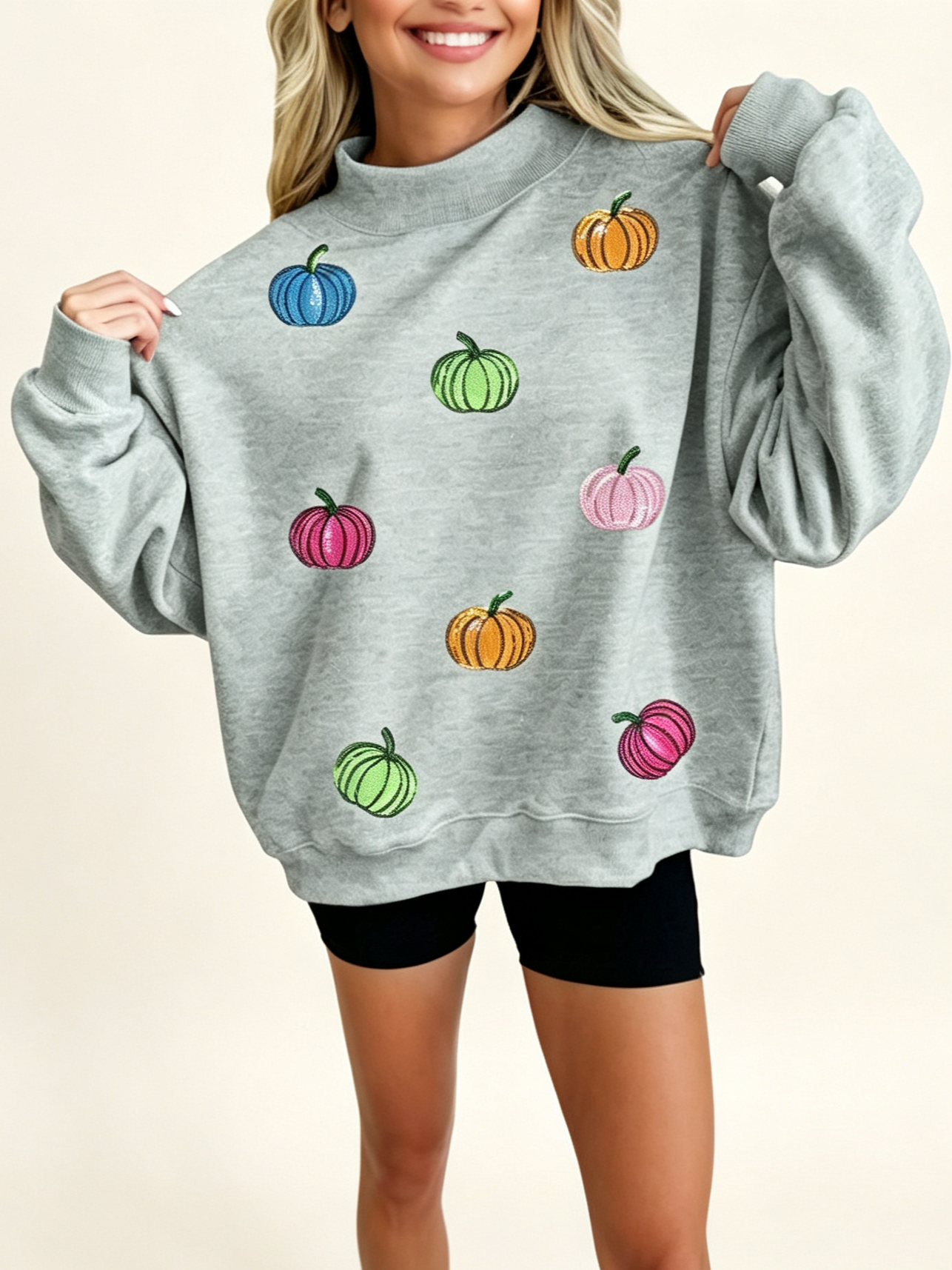Women's Sequin Pumpkin Mock Neck Fall Sweatshirt