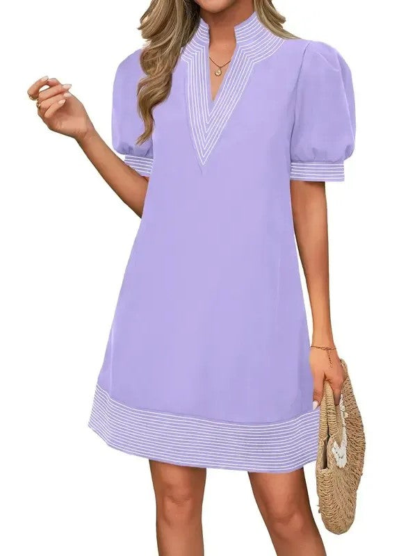Women's Floral Stripe Trim Puff Sleeve Mini Dress