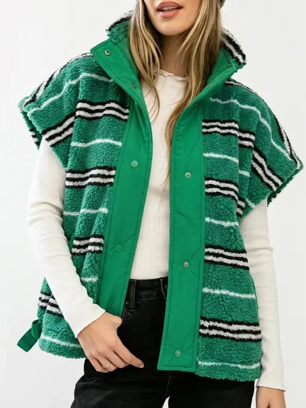 Women's Oversized Striped Sherpa Fleece Vest
