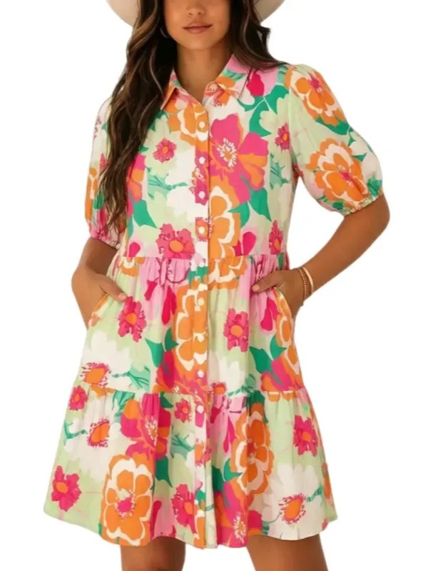 Women's Summer Boho Floral Puff Sleeve Dress