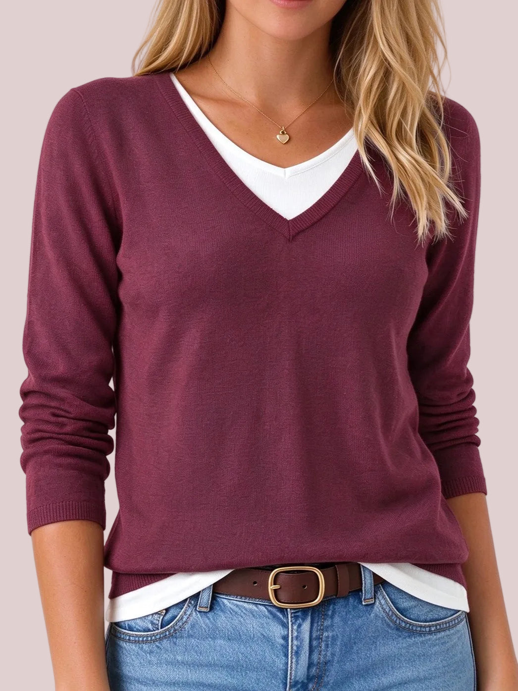 Women's V Neck Fake Two Piece Knit Sweater