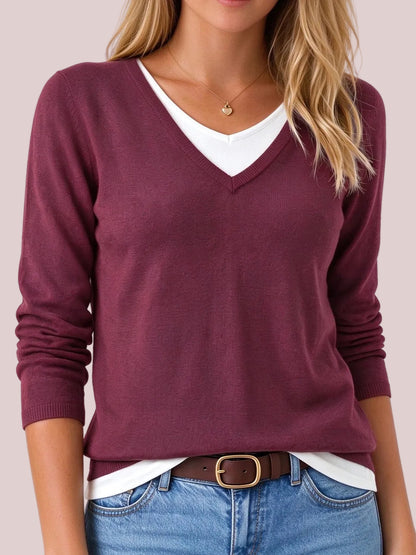 Women's V Neck Fake Two Piece Knit Sweater