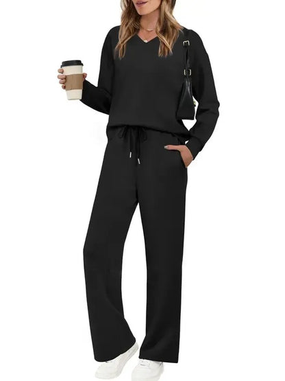 Women's Casual Long Sleeve Wide Leg Pants Set