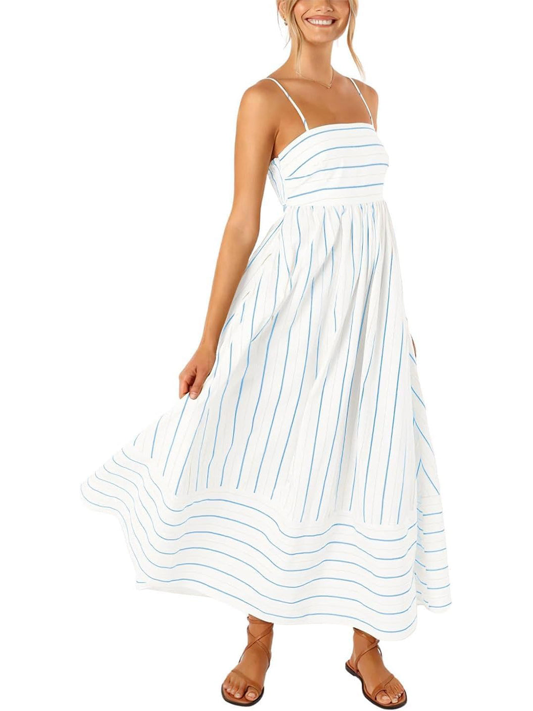 Women's Summer Striped Back Cutout Cami Maxi Dress