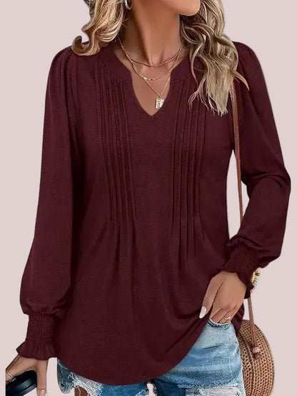 Women's Print Notch V‑Neck Long Sleeve Top