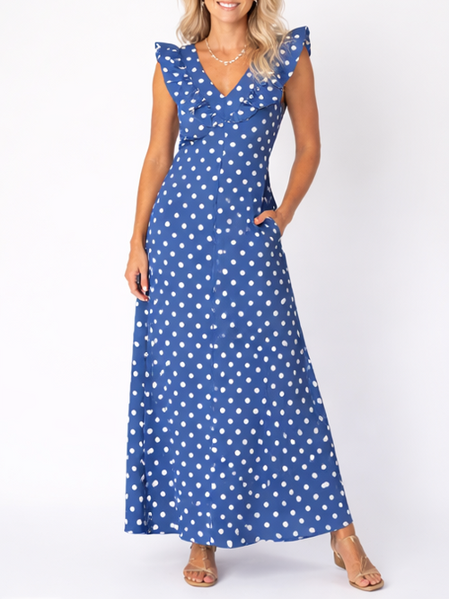 Women's Flutter Sleeve V-Neck Polka Dot Maxi Dress