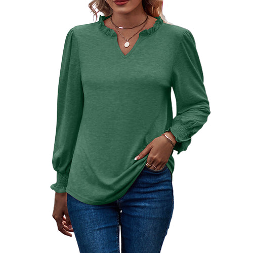 Bubble Sleeve V-neck Loose Casual Tops