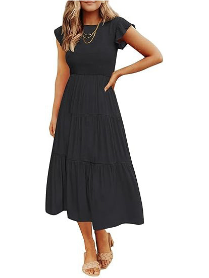 Women's Smocked Tiered Flutter Sleeve Midi Dress