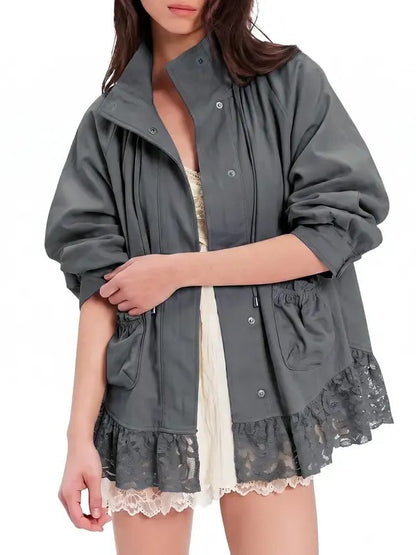 Women's Casual Lace Hem Stand Collar Jacket