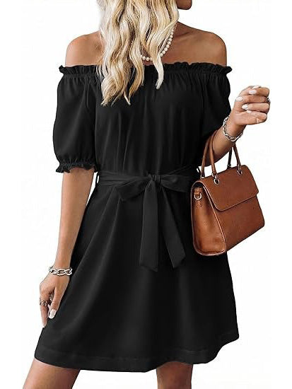Women's Off The Shoulder Ruffle Sleeve Belted Dress