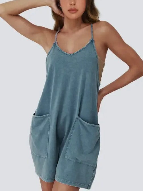 Women's V-Neck Spaghetti Strap Romper with Side Pockets