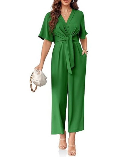 Women's Chic Tie-Front V-Neck Short Sleeve Jumpsuit