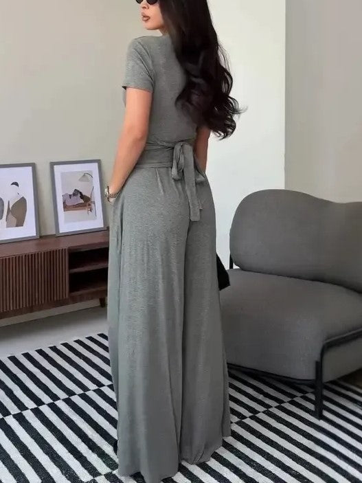 Women's Wrap Top Wide Leg Pants 2‑Piece Set