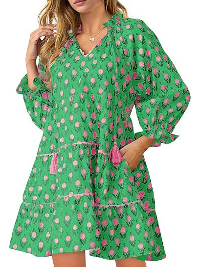 Women's Floral Ruffle V Neck Boho Babydoll Dresses with Pockets
