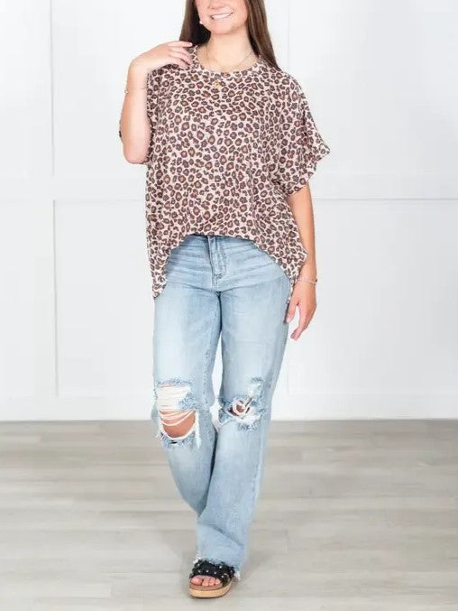 Women's Leopard Ruffle Loose Short Sleeve Top