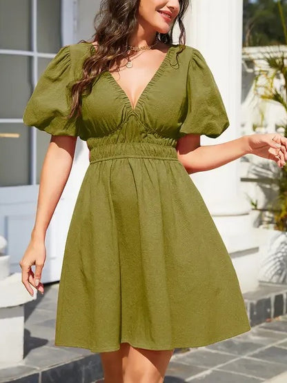 Women's V-Neck Elastic Waist Flowy Dress