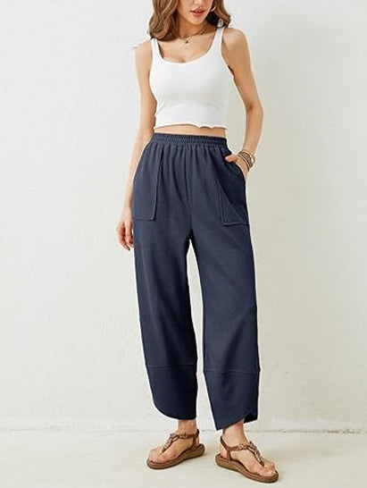 Women's Elastic Waist Wide Leg Harem Pants with Pockets