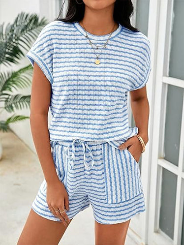 Women's Casual Striped T-shirt and Shorts Two Piece Set