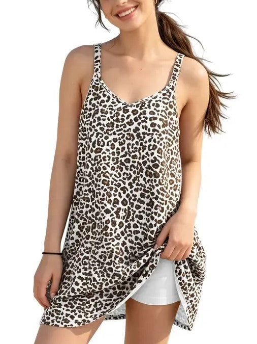 Women's 2 in 1 Leopard Sleeveless Athletic Dress with Pockets