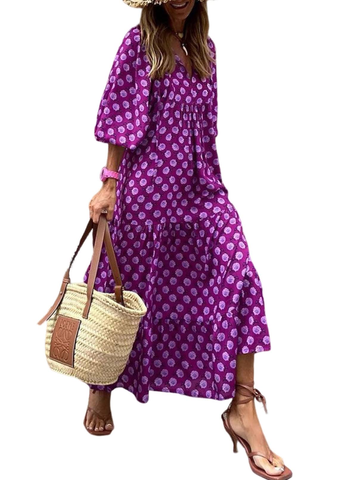Women's Puff Sleeve Smocked Ruffle Boho Maxi Dress