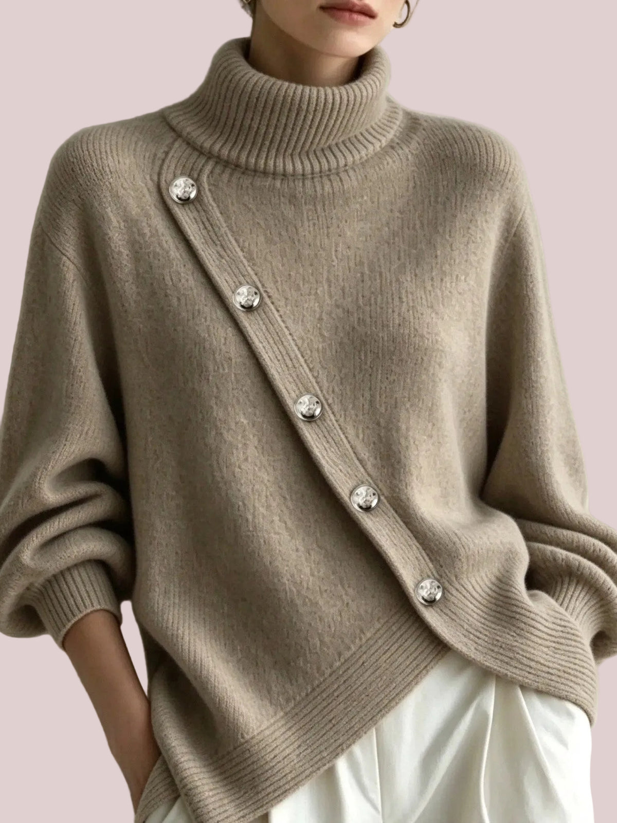 Women's Minimalist Asymmetric Button Turtleneck Sweater
