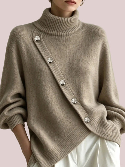 Women's Minimalist Asymmetric Button Turtleneck Sweater