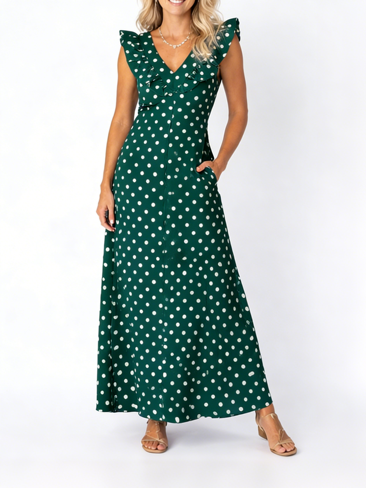 Women's Flutter Sleeve V-Neck Polka Dot Maxi Dress