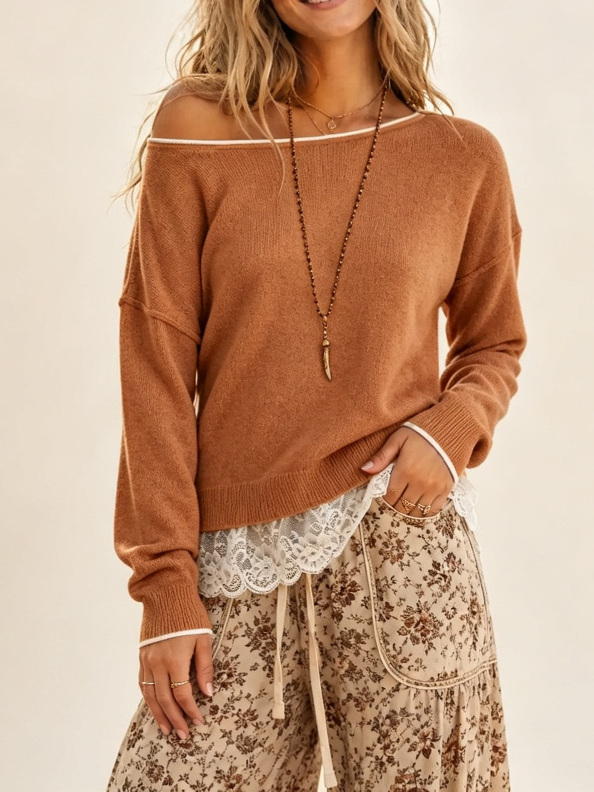 Women's Off‑Shoulder Drop Shoulder Sweater With Lace Trim