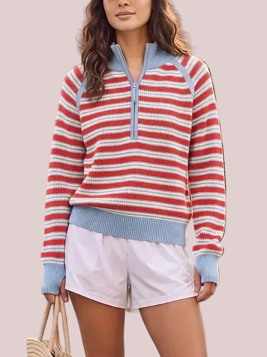 Women's Striped Waffle Knit Half Zip Pullover