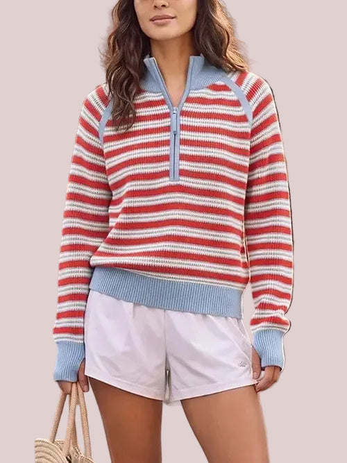 Women's Striped Waffle Knit Half Zip Pullover