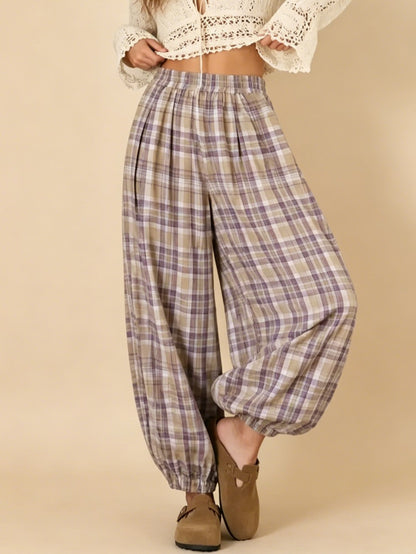 Women's Boho Plaid Elastic Waist Baggy Jogging Pants