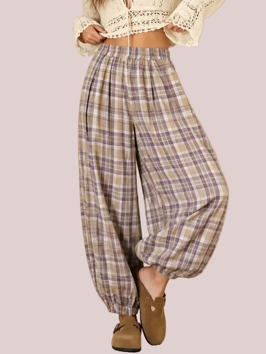 Women's Boho Plaid Elastic Waist Baggy Jogging Pants