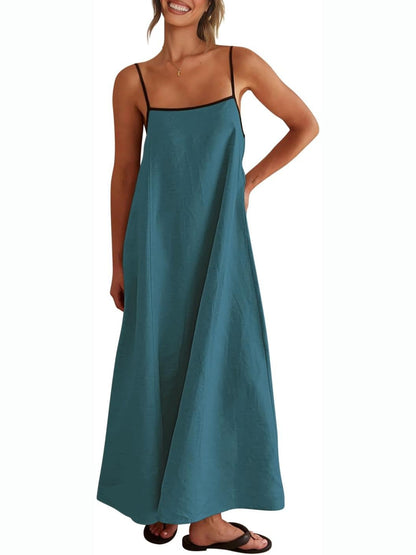 Women's Color Block Spaghetti Strap Maxi Dress with Pockets