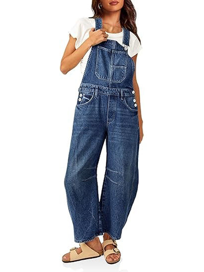 Women's Barrel Leg Denim Overalls with Pockets
