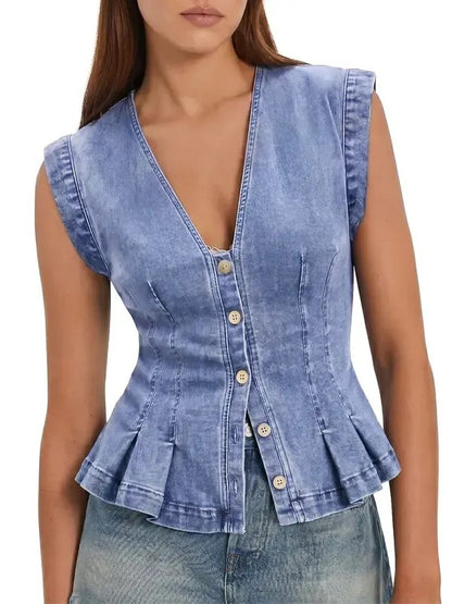 Women's V Neck Fitted Pleated Denim Vest