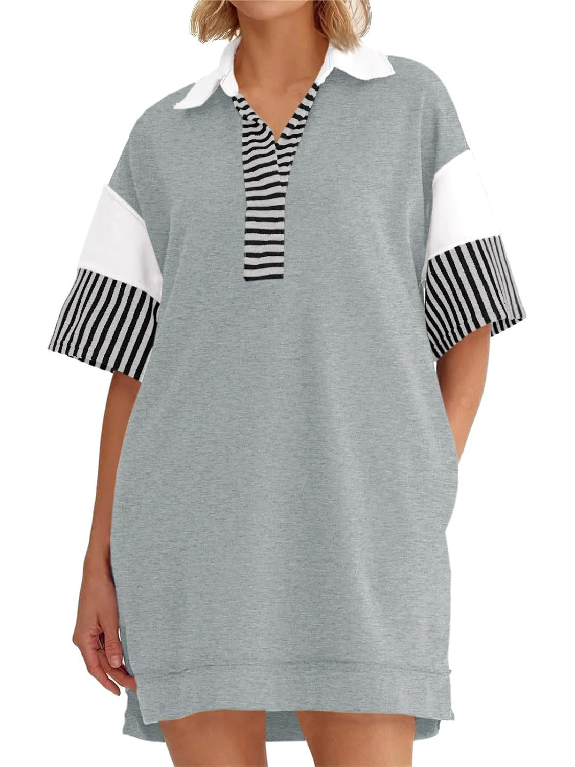 Women's Striped Colorblock Polo Collar Casual Dress