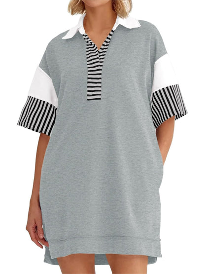Women's Striped Colorblock Polo Collar Casual Dress