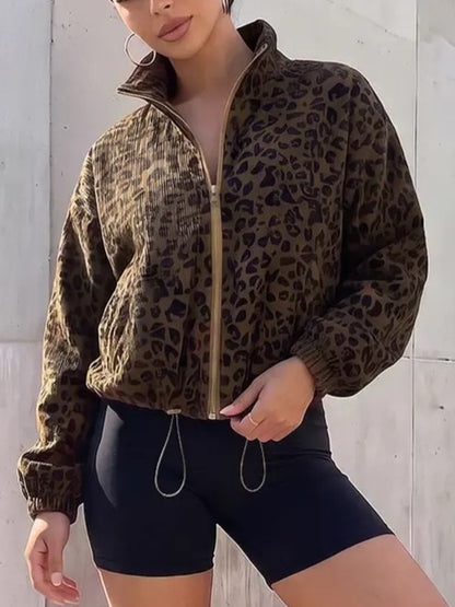 Women Leopard Print Corduroy Cropped Jacket