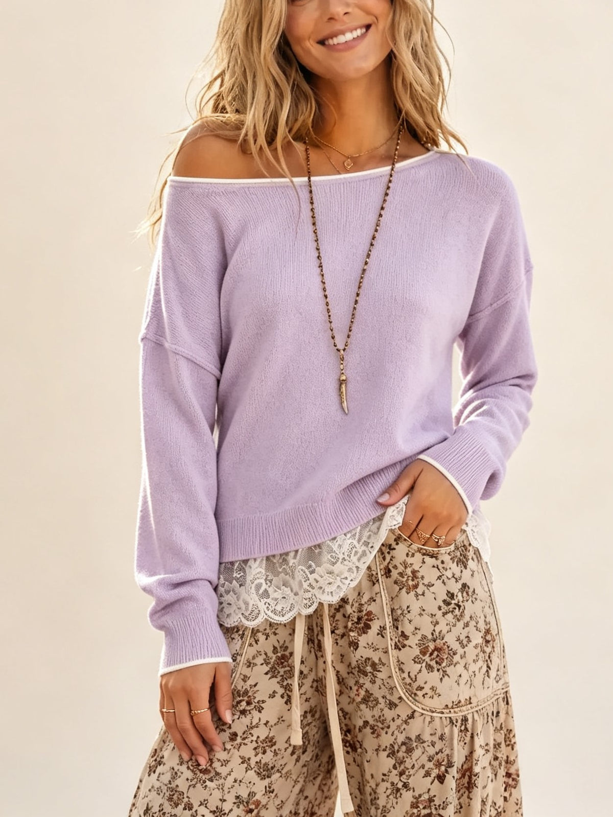 Women's Off‑Shoulder Drop Shoulder Sweater With Lace Trim