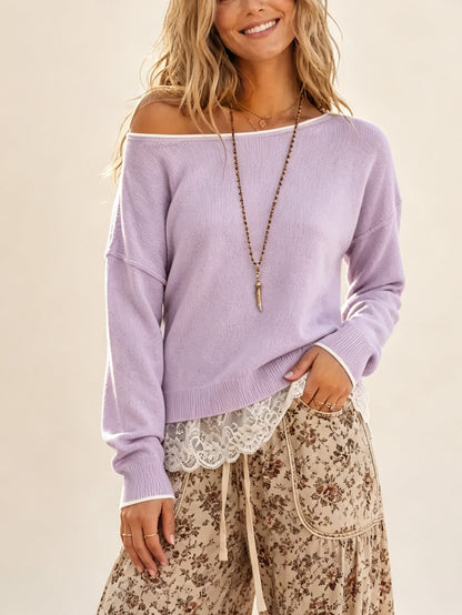 Women's Off‑Shoulder Drop Shoulder Sweater With Lace Trim