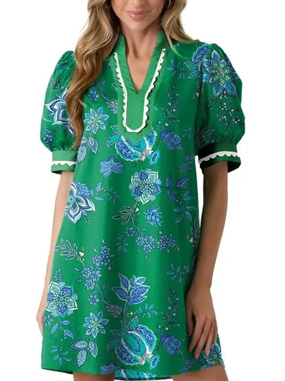 Women's Scalloped Trim Puff Sleeve Mini Dress