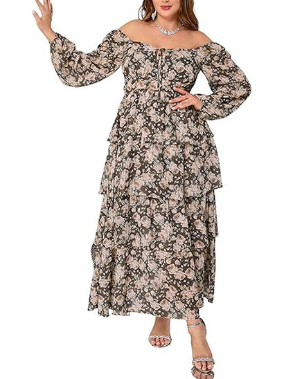 Women's Plus Size Off Shoulder Floral Ruffle Maxi Dress