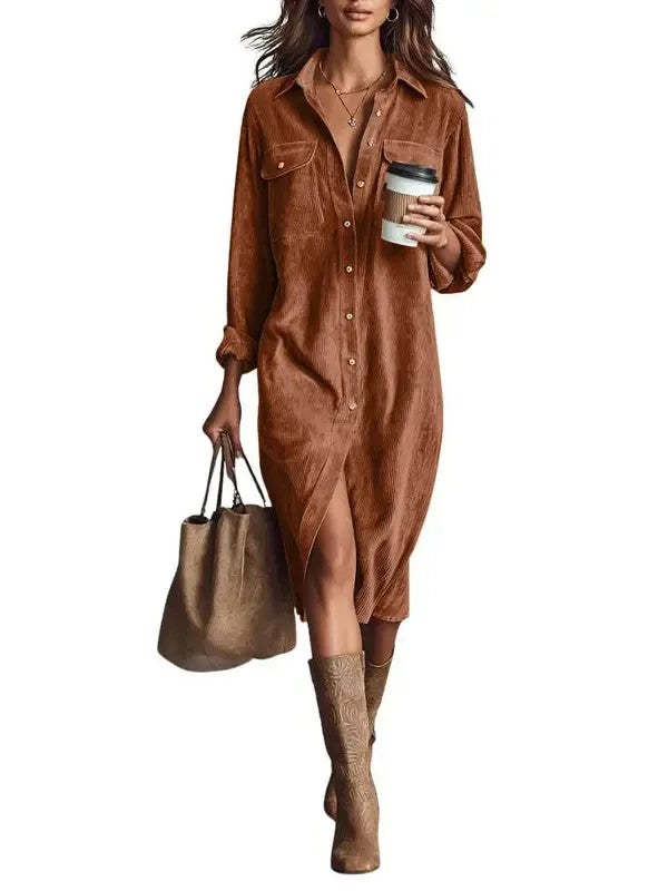 Women’s Fall Lapel Corduroy Button Down Shirt Dress