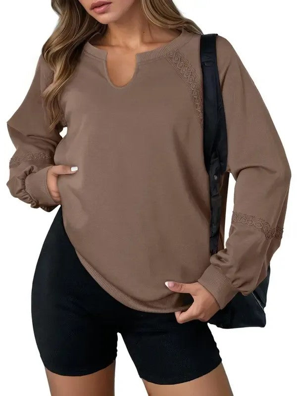 Women's Notch Neck Lace Patchwork Raglan Sweatshirt