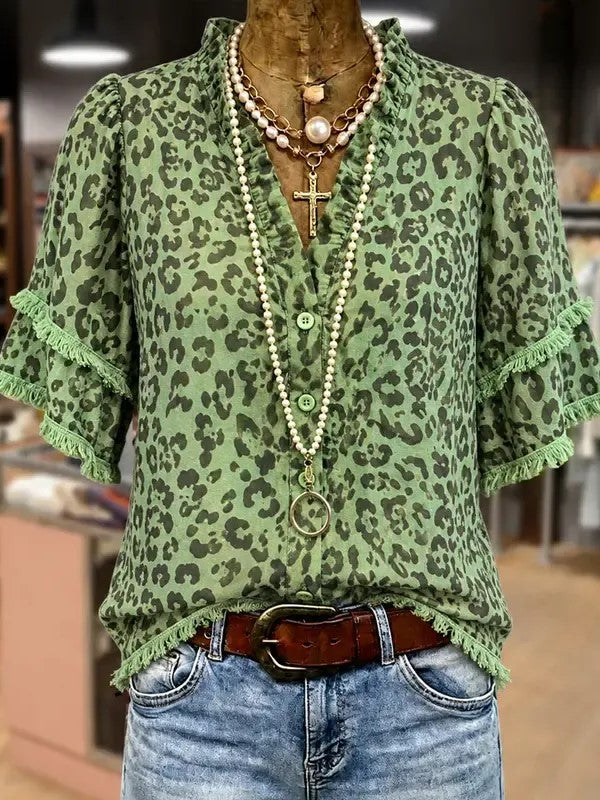 Women's Leopard Print Ruffle Neck Blouse