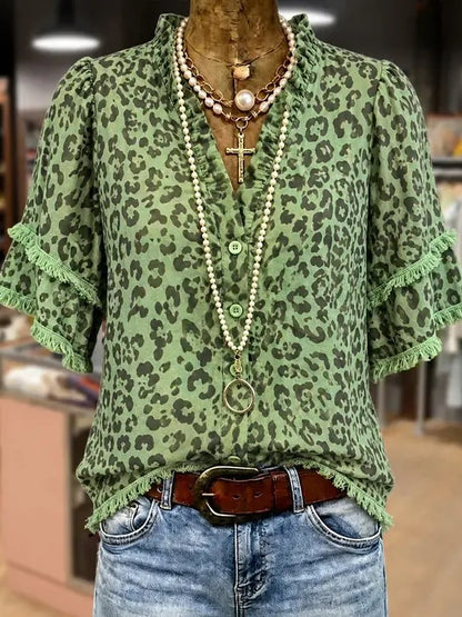 Women's Leopard Print Ruffle Neck Blouse
