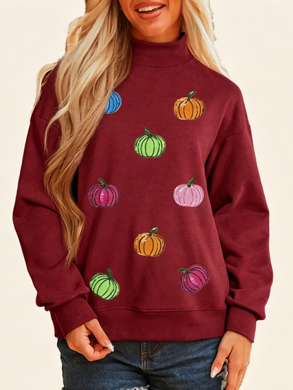 Women's Sequin Pumpkin Mock Neck Fall Sweatshirt